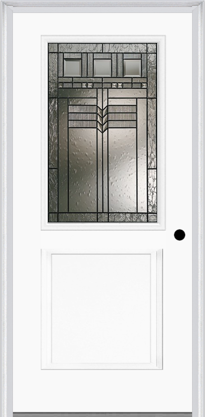 MMI 1/2 Lite 1 Panel 6'8" Fiberglass Smooth Oak Park Patina Decorative Glass Exterior Prehung Door 682
